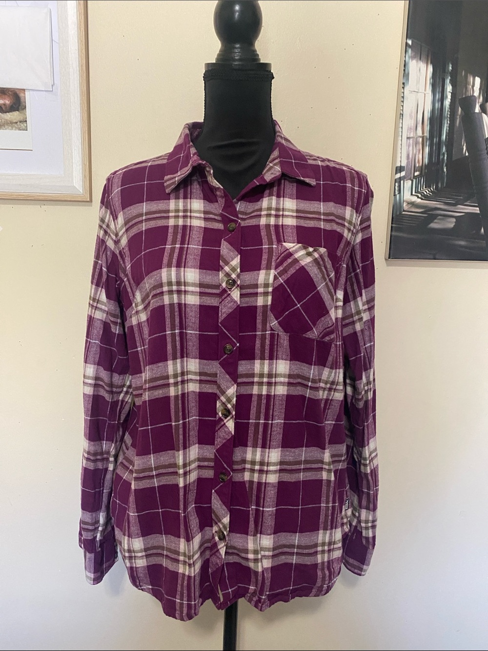 Eddie Bauer Purple and White Plaid Button-Down Shirt Sz L